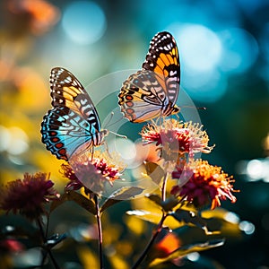 two butterflies sitting on top of a small yellow flower next to red flowers