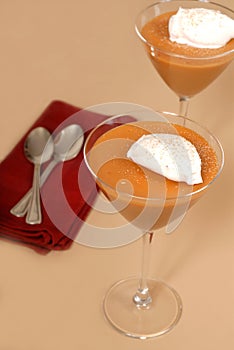 Two butterscotch puddings in martini glasses