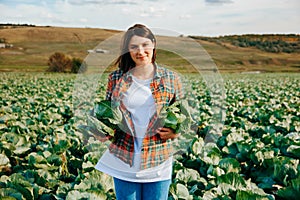 Two cabbages in the hands of a young farmer woman in a plaid shirt.