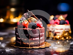 Two cakes with chocolate and berries on top of a table, AI
