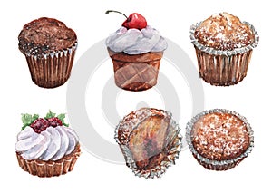 Two cakes with cream and berries, three whole muffins and one half on a white background. Watercolor