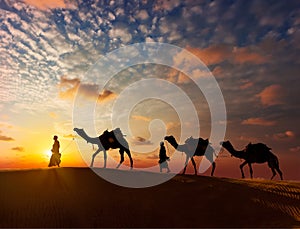 Two cameleers (camel drivers) with camels in dunes of Thar deser