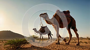 Two Camels Walking in the Dirt. Generative AI