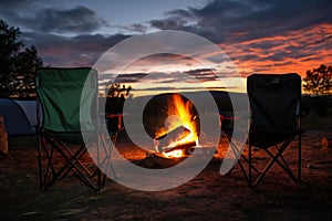 two camping chairs in front of a bonfire