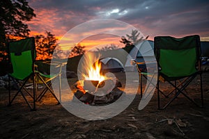 two camping chairs in front of a bonfire
