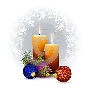Two Candlelights with Decorativ XMAS Design Elements on White Background with Snowflakes.