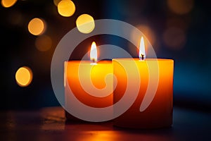 Two candles lit in front of a blurry background