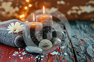 two candles near stones and a towel on red wooden background