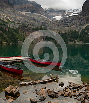 Two canoes awaiting use in the Canadian Rockies in Yoho National Park