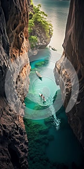 Two Canoes Exploring An Underwater Cave In Bird\'s-eye-view Landscape Photography