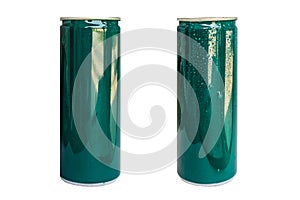 Two cans are green with steam and no steam. White background can be used as a model or product.