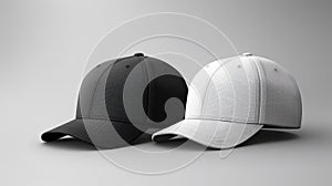 Two caps in different angles on a monochrome background. Mock up, material for mounting and presentation of logos