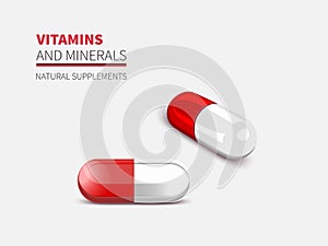 Two capsules magic pill close-up,vector illustration red tablet