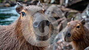 Two capybaras are looking at the camera