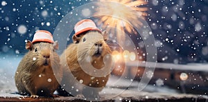 Two capybaras wearing Christmas hats celebrate the new year. Banner. Space for text. Generative AI