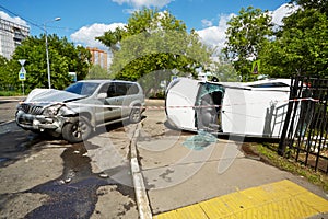 Two car crash accident on a road