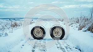Two car wheels on winter road