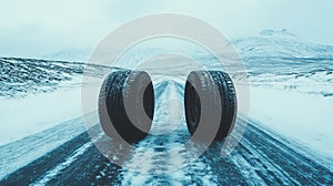 Two car wheels on winter road