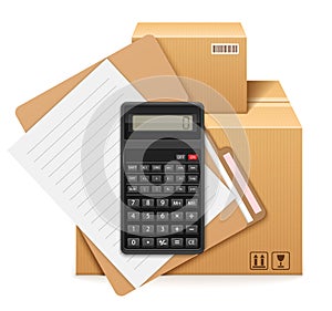 Two cardboard boxes, folder, form and calculator.