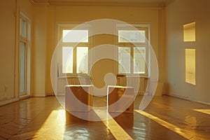 Two cardboard boxes are sitting in a room with white curtains