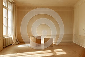 Two cardboard boxes are sitting in a room with white curtains