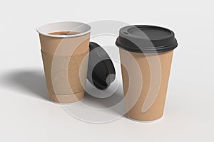 Two cardboard take away coffee paper cups mock up with black lids on white background. Opened (with holder) and closed disposable