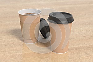 Two cardboard take away coffee paper cups mock up with black lids on wooden background. Opened (with holder) and closed disposable