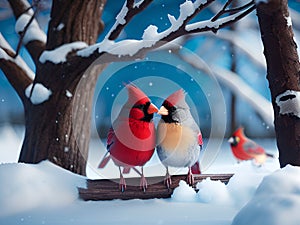 Two Cardinals together in the Snow