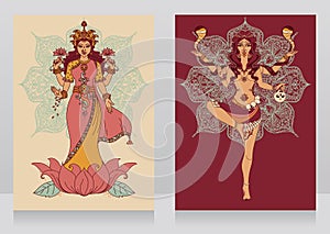 Two cards with indian goddess Lakshmi and Kali and mandala round ornament