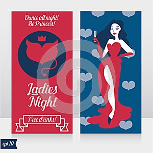 Two cards for Ladies night party with glamour woman drinking champagne