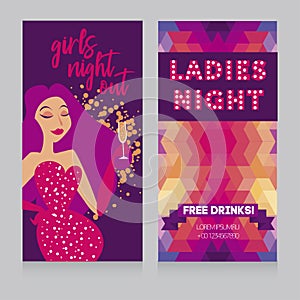 Two cards for Ladies night party with glamour woman drinking champagne