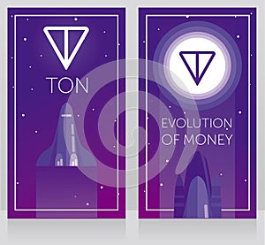 Two cards for telegram cryptocurrency - ton and new space technology, space shuttle fly to ton logotype on the moon, ultra violet