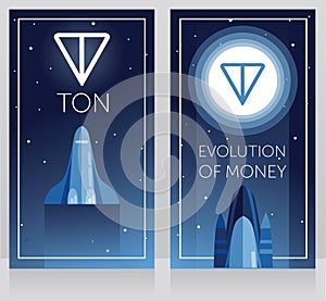 Two cards for telegram cryptocurrency - ton and new space technology, space shuttle fly to ton logotype on the moon, ultra violet