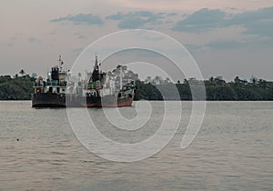 Two cargo ship parked in the middle of the Chao Phraya River at evening with green forest and sky at the background
