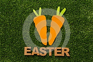 Two carrots and `Easter`, word made from wooden letters on green grass background