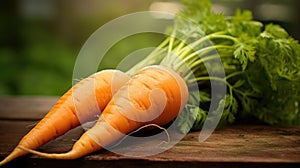 Two carrots on a wooden table with green leaves, AI