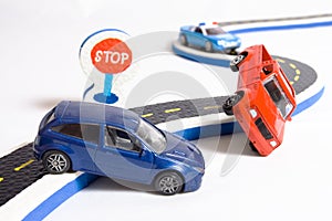 two cars accident crash on road, broken toys auto car, insurance photo