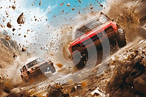 Two cars can be seen driving on a dirt road in a game, with dust being kicked up behind them, An action-packed scene from an off-