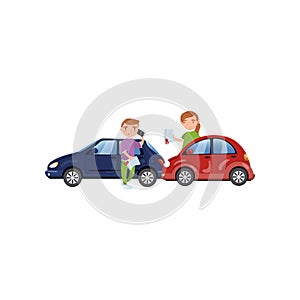 Two cars involved in a car wreck, auto insurance concept cartoon vector Illustration