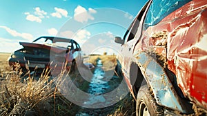 Two cars left forgotten in a field overgrown with lush green grass, peacefully resting under the open sky