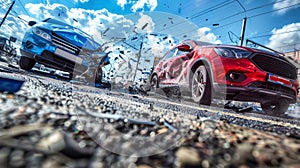 Two cars racing down a road against a beautiful sky backdrop