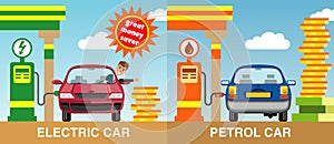 Two cars refueled by petrol and electricity
