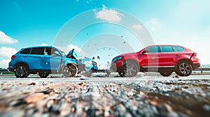 Two cars on the side of the road with their front ends in, after a collision, under the glaring sun