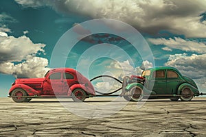 Two cars with a tow rope. Towing a car. 3d illustration