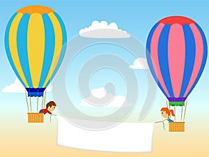 Two cartoon aerostat with advertisment banner photo