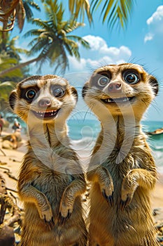 Two cartoon animal faces resembling meerkats or weasels are drawn side by side with beach scene in the background