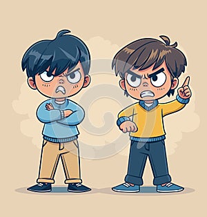Two cartoon boys arguing, one with arms crossed, another pointing finger, angry expressions. Kids dispute, conflict