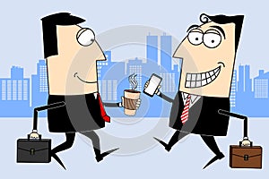 Two cartoon businessmen, city in background