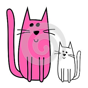 Two cartoon cats - pink mother with white kitty, contemporary design, vector