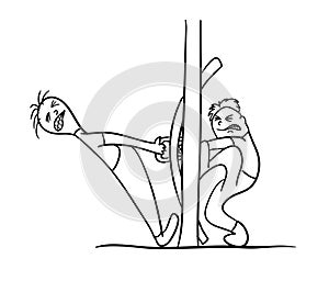 Two cartoon character trying to open the door,